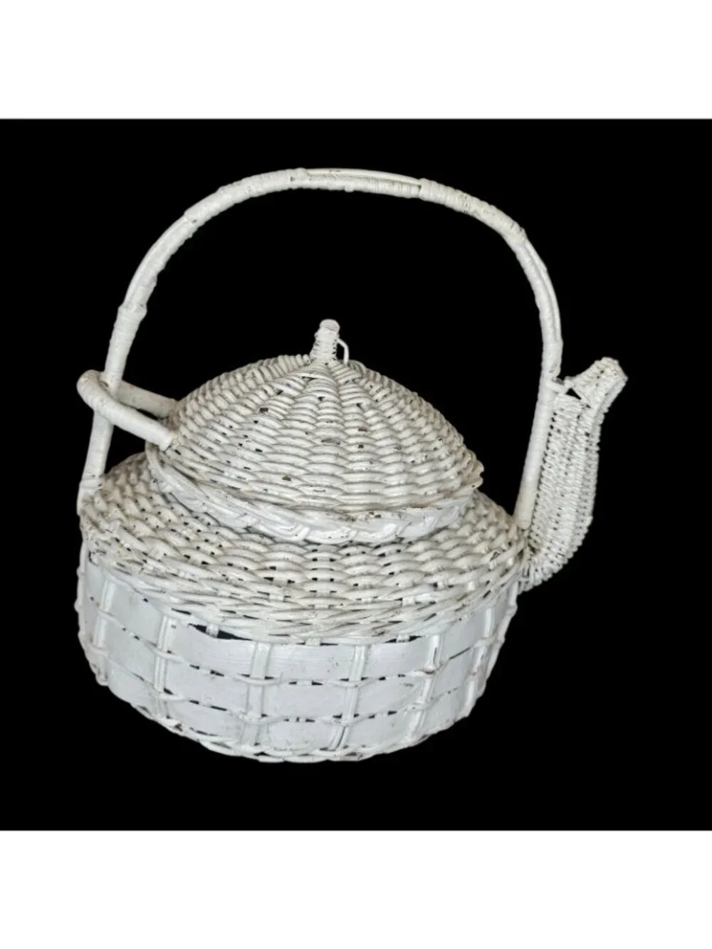 VTG White Wicker Teapot Basket Small Cottagecore Country Removable Lid 6.5